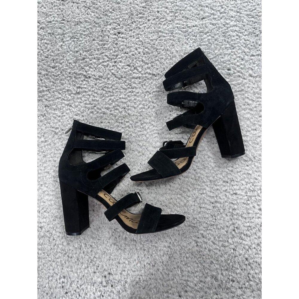 Women's Sam Edelman Black Suede Strappy Block Heel Open Toe Back Zip Size 9.5
